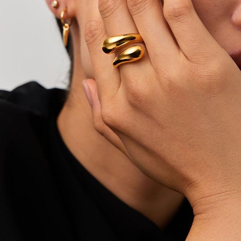 AiTURE Chunky Rings For Women, Gold Silver Thumb Ring Asymmetrical Wavy Curve Ring Adjustable Non Tarnish Dainty Stainless Steel New Year Anniversary Birthday Jewelry Gift - Image 1